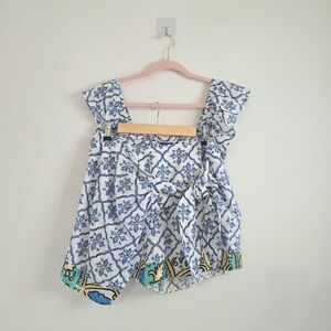 Anthropologie Blue and Yellow Floral Skirt Set